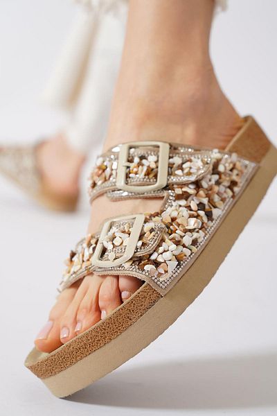 Moda Pie Παντόφλες Erika Double Buckle Stone Μπεζ