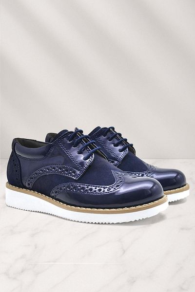 Raker Αγόρια κλασικά παπούτσια Rakerplus Hidra Navy Blue λουστρίνι με λευκή ψηλή σόλα