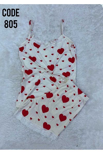 XORVİO Women's Rope Strap Red Heart Pattern Shorts Set Lace Detailed Stylish Summer Large Size Oversize Pajamas