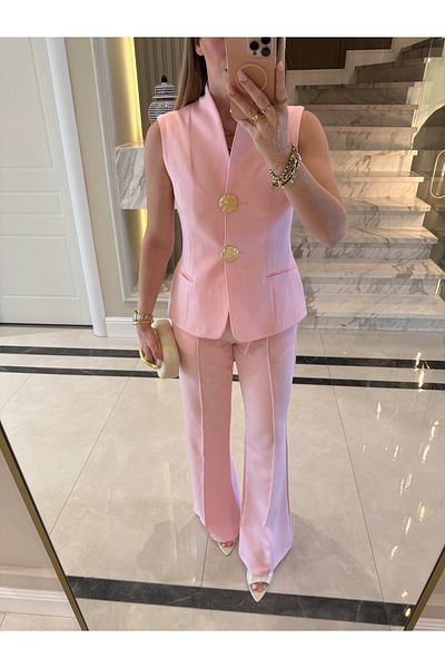 Julidress Large Gold Button Lined Vest and Elastic Waist Trousers Premium Set