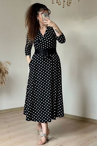 azra moda Double Breasted Collar Long Sleeve Polka Dot Suede Dress
