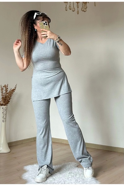 azra moda Kısa Kol Yan Yırtmaçlı Kaskorse Takım Gri