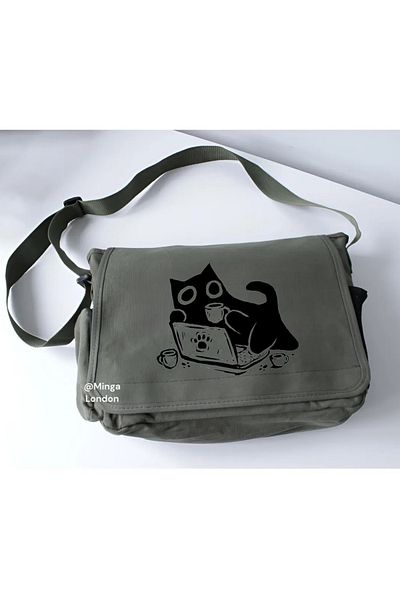 Minga London Khaki Tablet Cat Printed School, Course, Classroom Messenger Bag -Mingalondon