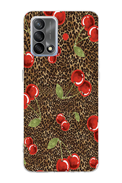moonset Oppo A74 Uyumlu Leopar ve Kiraz Tasarımlı Baskılı Şeffaf Telefon Kılıfı