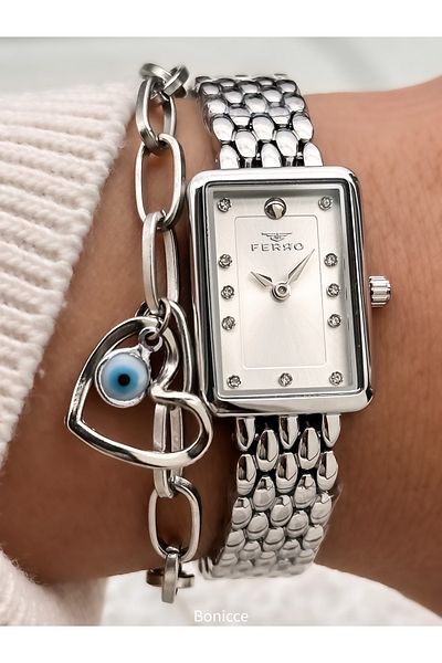 FERRO Stylish Box, Silver Steel Cord, Rectangular Case, Vip Series Women's Wristwatch Bracelet as a Gift