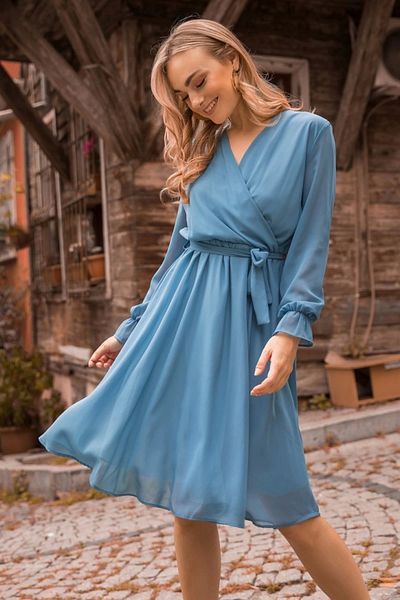 azra moda Rochie scurtă și dreaptă din șifon albastru