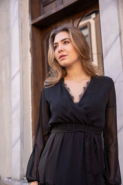 azra moda Long Sleeve Skirt Tip Laced Dress - Black