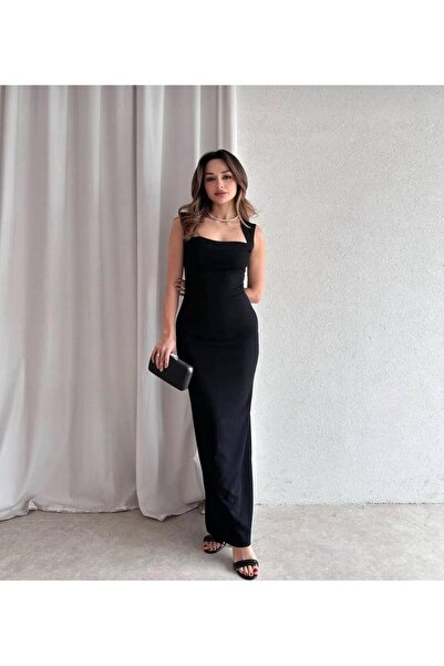 maf collection Γυναικείο Μαύρο Maxi Μήκος Χοντρό λουράκι Τετράγωνο Γιακά Βραδ...