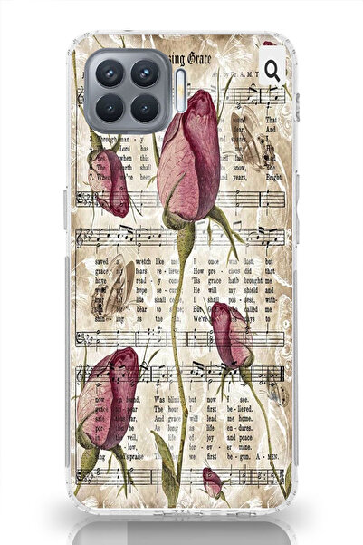 moonset Oppo Reno 4 Lite Uyumlu Çiçek ve Notalar Tasarımlı Baskılı Şeffaf Tel...