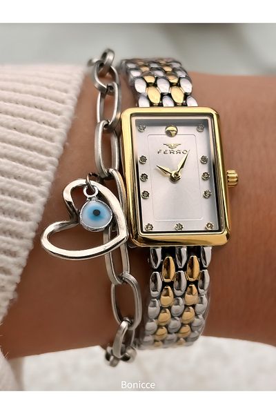 FERRO Stylish Box, Silver Steel Cord, Rectangular Case, Vip Series Women's Wristwatch Bracelet as a Gift