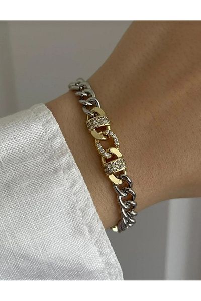 AKSESUARIM Gold-Silver Two Color Chain Zircon Stone, Unbreakable, Antiallergic, Stylish Special Series Bracelet
