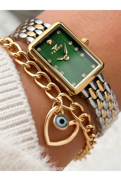 FERRO Stylish Box, Silver Yellow, Steel Cord, Rectangular Case, Vip Series Women's Wristwatch Bracelet as a Gift