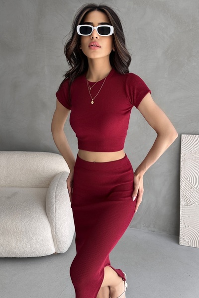 EYLANA Women's Cycling Collar Half Sleeve Slit Camisole Skirt Suit