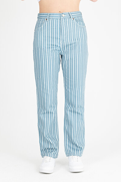 PAYLEN Çizgili Buz Mavisi Yüksek Bel Bol Paça Kot Pantolon