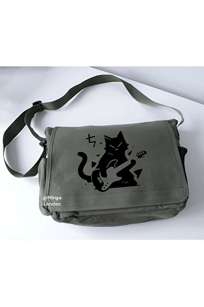 Minga London Khaki Black Guitarist Cat Printed School, Course, Tutoring Messenger Bag -Mingalondon
