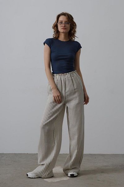 Moda Asmira Striped Cotton Elastic Trousers - Beige-Navy Blue