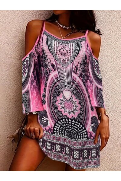 Kokosh moda Γυναικείο κοντό φόρεμα με μοτίβο με λουράκια από τους ώμους με μανίκια τριών τετάρτων