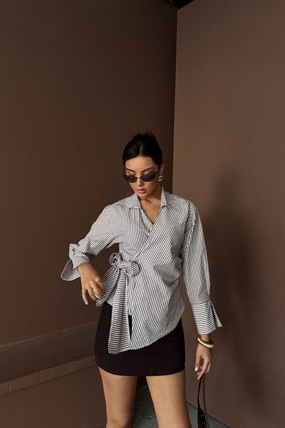 Moka Shopin Mokashopin Striped Poplin Double Breasted Tie Shirt - Brown
