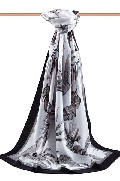 Vissona Luxury Medina Silk Leaf Patterned Silver - Gray Color 75X195 Wrinkle Free Shawl Moss Crepe Stitch Type Italian