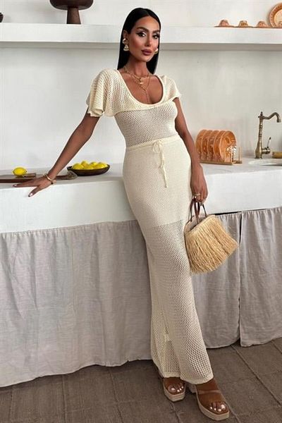 Simala Deep Collar and Mesh Detailed Knitwear Dress 2867