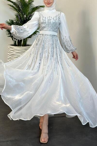 Şulemoda Giyim Βραδινό φόρεμα Alina Stoned Λευκό