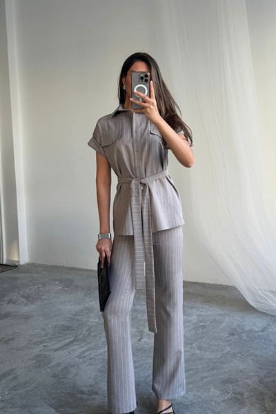 modamuvo Striped Polyviscos Blazer - Pants Suit - Gray