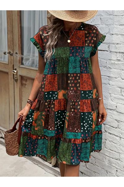 İpeksi Silky Women's Short Sleeve Ruffled Sleeves Crew Neck Square Pattern Dress