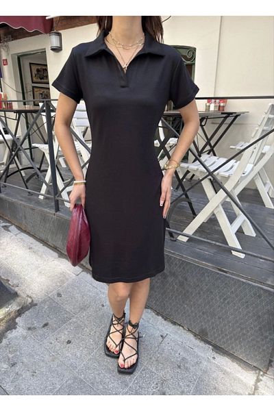 Modayakamoz Rochie cu mânecă scurtă cu guler din țesătură cu textura moale Osy Modal - neagră