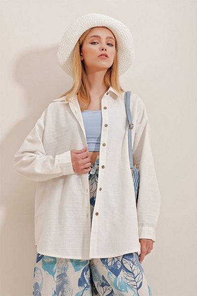 leyla sanat sanata yeni bir bakış açısı Leyla Sanat a New Perspective on Art Women Linen Fabric Oversize Shirt