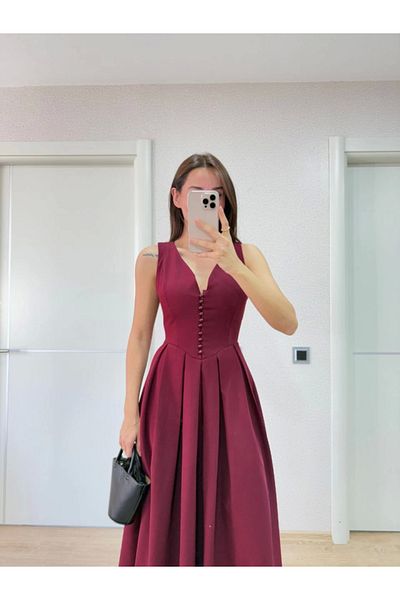 Kokosh moda V-Neck Long Sleeveless Dress - Burgundy