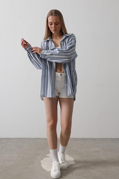 leyla sanat sanata yeni bir bakış açısı Leyla New Perspective on Art Art Striped Tunic Shirt - Blue Pattern 5