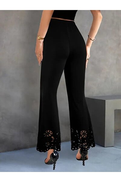 Viyamo Kadın Yüksek Bel Paçaya Doğru Genişleyen Lazer çiçek Kesim Detaylı Ithal Krep Pantolon