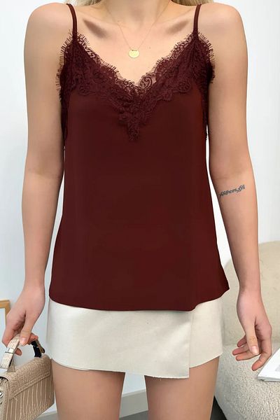 Balenbi 1070 Red Brown Lace Detailed Strappy Satin Women's Blouse