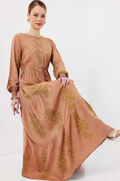 Kokosh moda 2145 Rochie Hijab cu Motiv - Biscuit