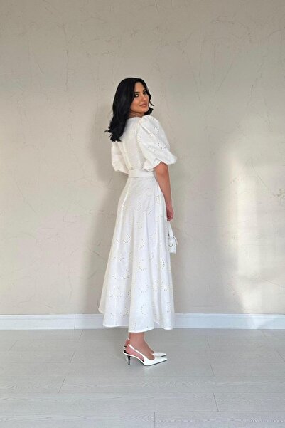 buğrahayalin Ecru Chest Cup Detailed Belted Brode Dress