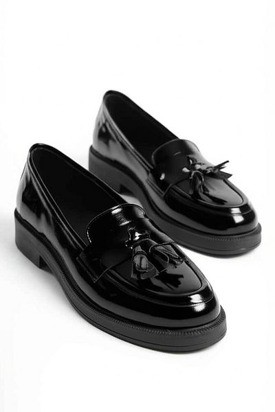 GRADA Black Patent Leather Tasseled Genuine Leather Women's Loafer Shoes Shiny Black Pompom Women's Loafer Shoes