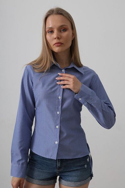 passense Striped Shirt with Gathered Sides - Striped Blue