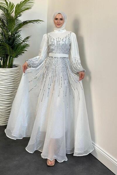 Şulemoda Giyim Βραδινό φόρεμα Alina Stoned Λευκό