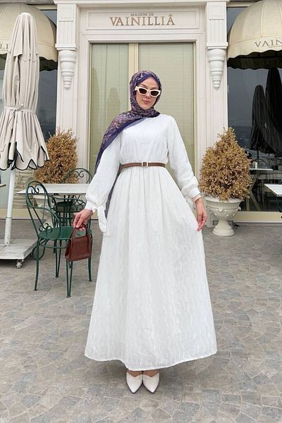 Denivy Textured Hijab Dress Without Belt – Modern and Flowy Silhouette Dnv-000054