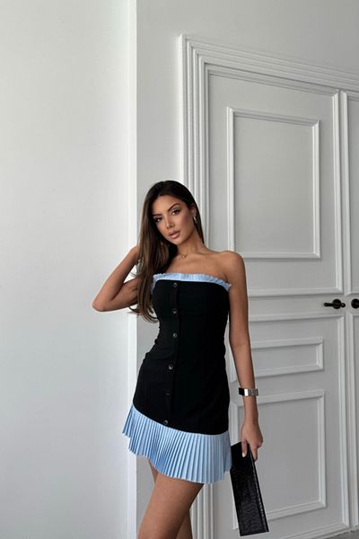leyla sanat sanata yeni bir bakış açısı Leyla Art a New Perspective on Art Strapless Polysfon Dress Blue Ruffle Detail - Black