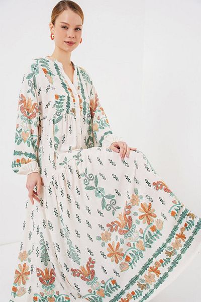 MRA Fashion 2423 Authentic Patterned Hijab Dress - Green 10