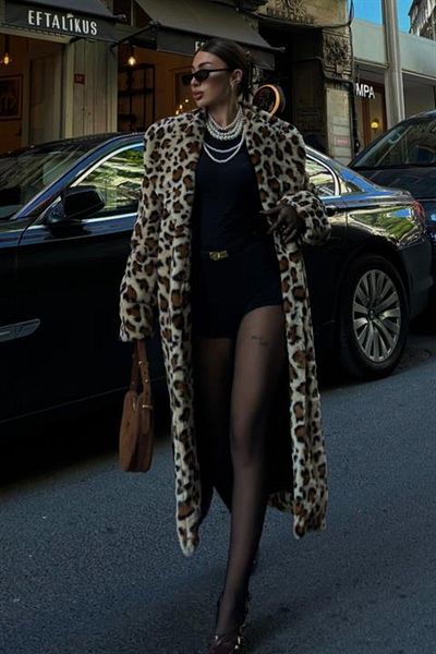 MODAVERA Leopard Patterned Lined Plush Coat 7065