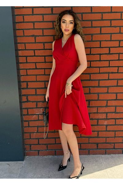 leyla sanat sanata yeni bir bakış açısı Leyla Art a New Perspective on Art Women's Imported Crepe Fabric Double Breasted Neckline Skirt Flared Sleeveless Mini E