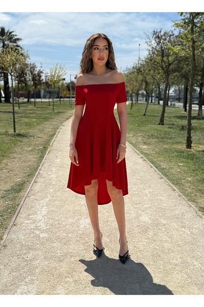 Viyamo Rochie de damă cu mânecă scurtă, guler Madonna, scurtă în față, lungă în spate, din crepon importat