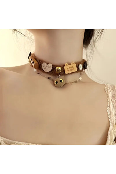 MİLALAZO Şirin Kahverengi Kedi Kolye choker Gotik Bohem Vintage