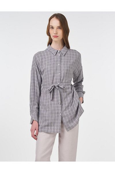 Kayra Plaid Pattern Belted Tunic Gray