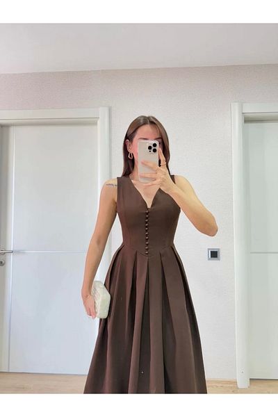 ruum fashions Μακρύ αμάνικο φόρεμα με λαιμόκοψη V με λεπτομέρεια με κοστούμι πίσω μπροστά - καφέ