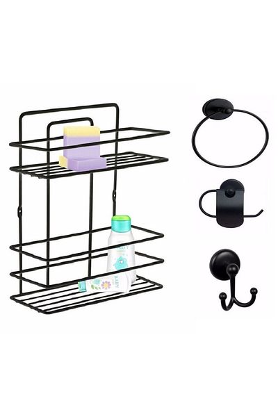 Sas Haus Bathroom Accessory Set 4 Pieces Black, Lifetime Stainless Flat Bathroom Shelf Shampoo Holder Black Tş-02
