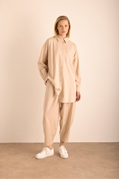 Aker Bej Beli Lastikli Cotton Pantolon