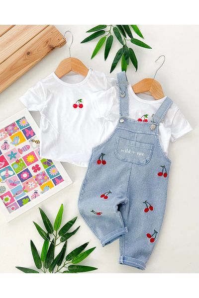 hümabebe Cherry Embroidery Knitted Denim Fabric Salopet Tshirt Summer Set of 2
